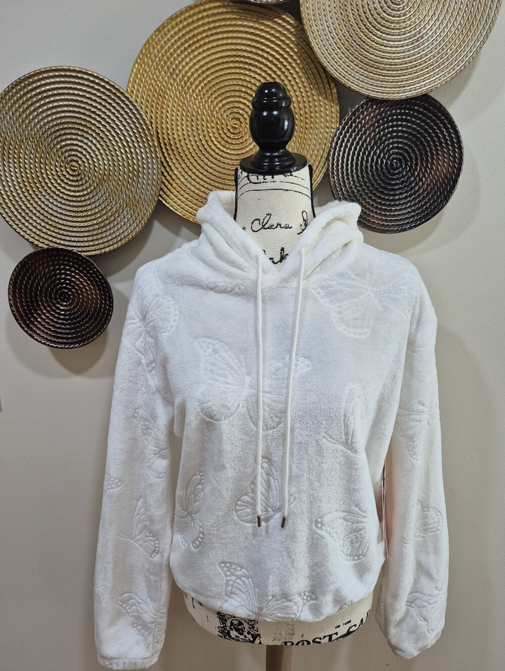 Angel White Embossed Butterfly Plush Hoodie